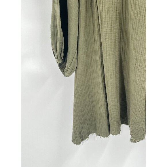 Loup Charmant Green Cotton Gauze Shift Dress Belt Distressed Hem Sz M Pockets - Picture 3 of 8